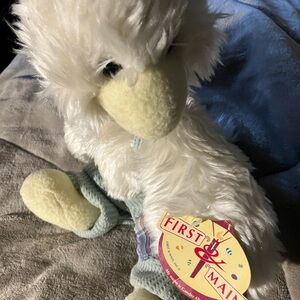 Vintage 12” Duck Plush Stuffed Animal  w/ overalls&bowie By First & Main Inc.